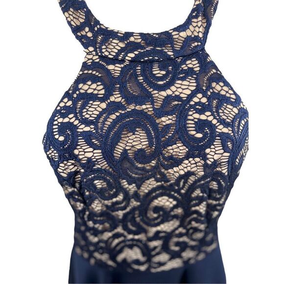 B Darlin Formal Dress size 9/10 Halter Open Back Navy Shimmer Lace Cocktail - Picture 5 of 16
